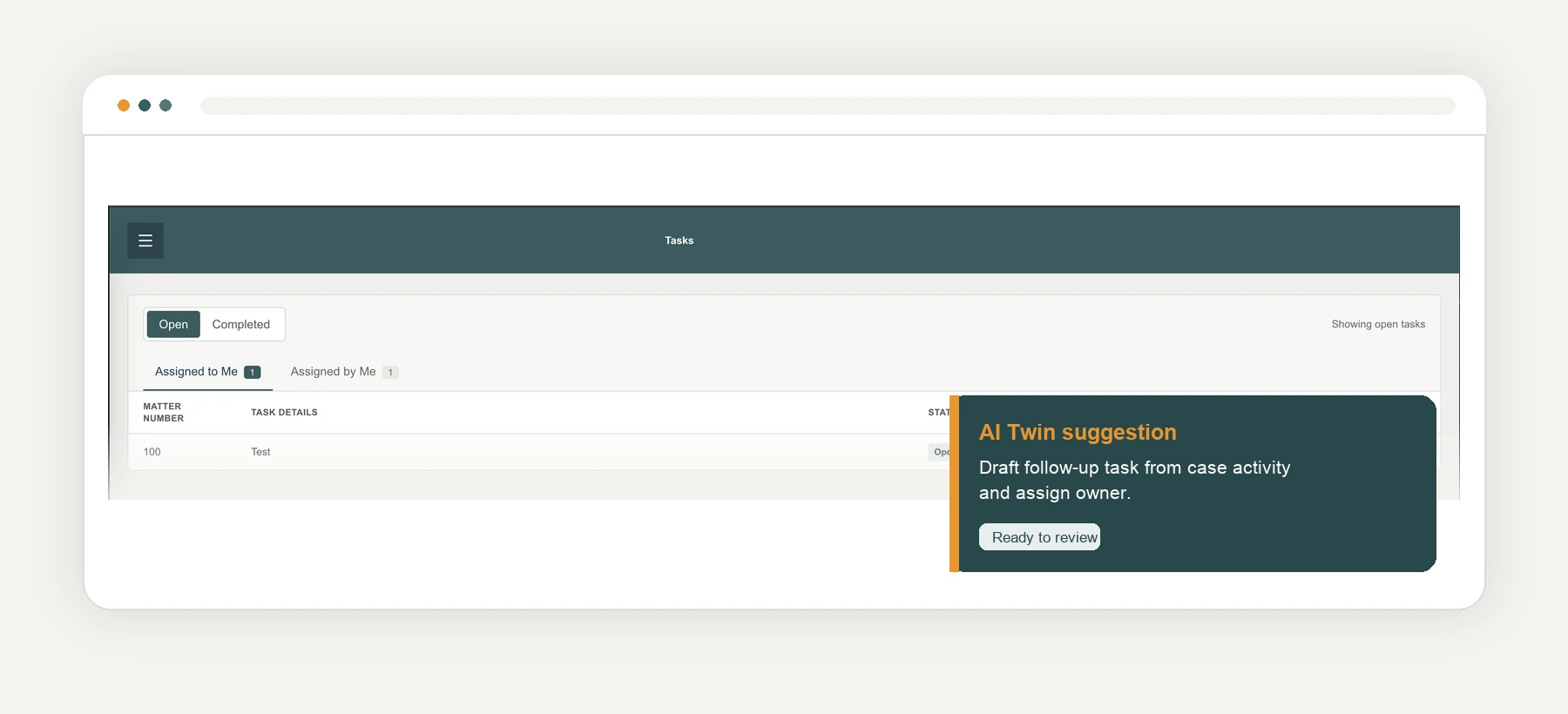 VerdictMind task management preview showing open matter tasks and an AI Twin suggestion.